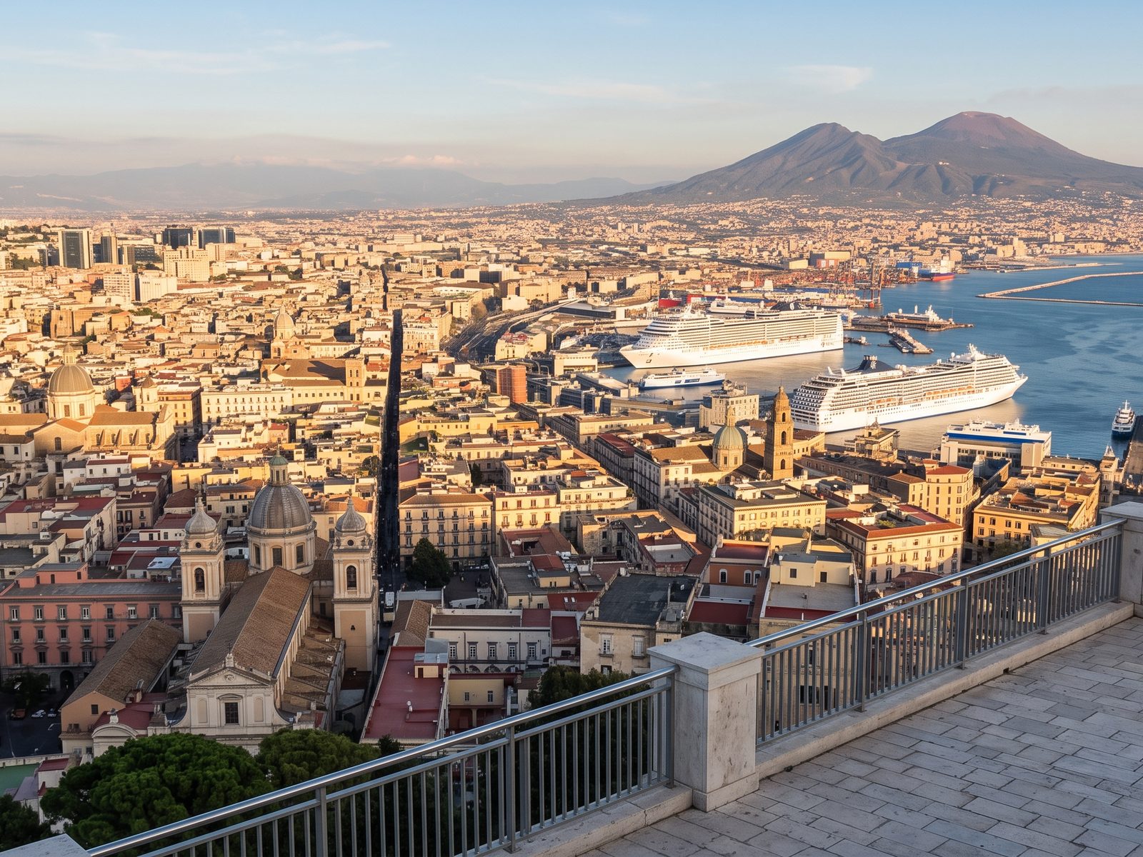 Panoramic view from the Vomero hill over Naples to the port, with cruise ships, the bay and Vesuvius