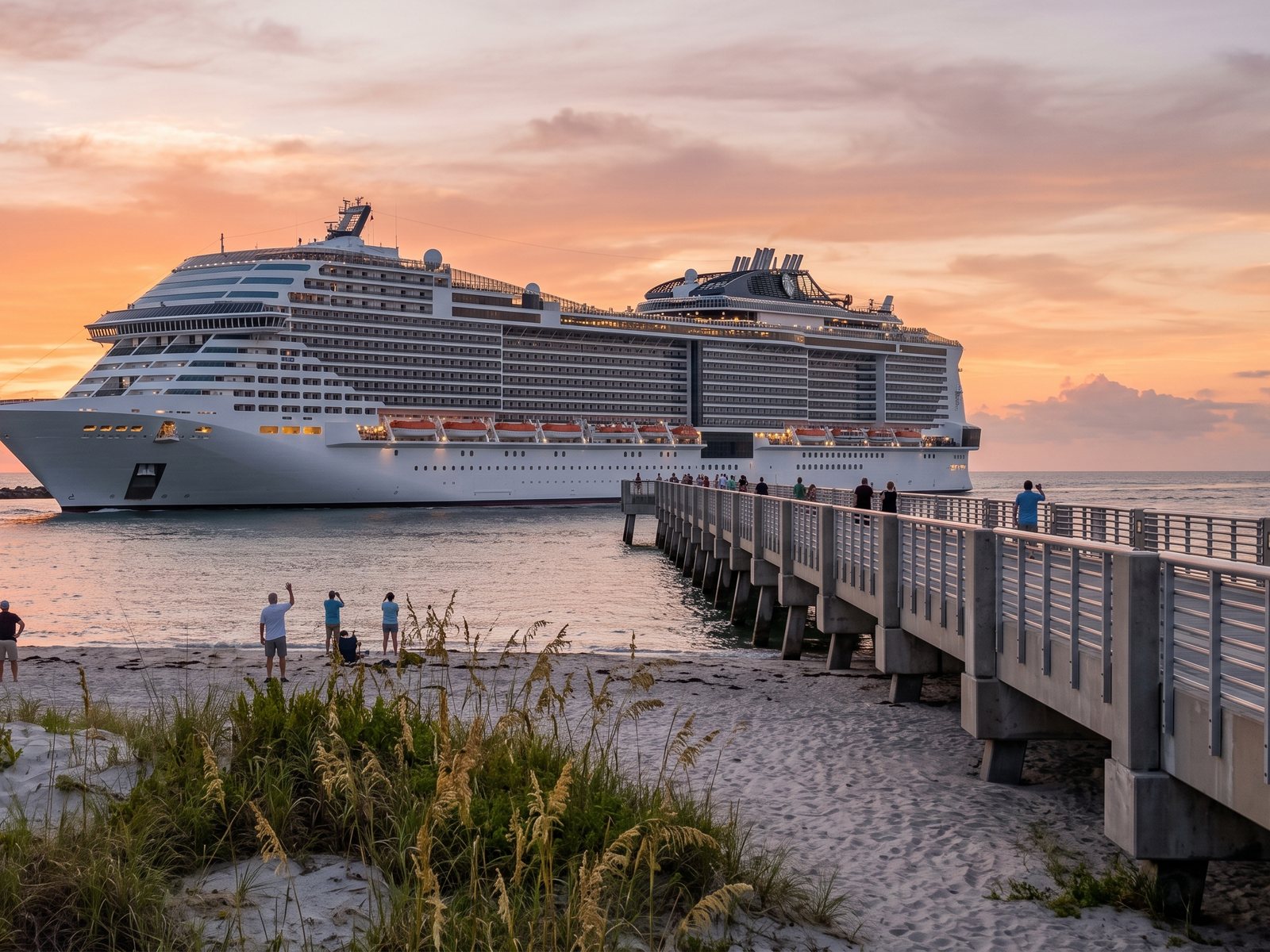Cruiseschip dat bij zonsondergang de vaargeul van Port Canaveral uit vaart, gezien vanaf het strand van Jetty Park