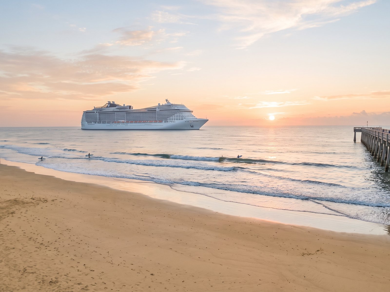 Zonsopkomst op Cocoa Beach met surfers, de pier en een cruiseschip aan de horizon