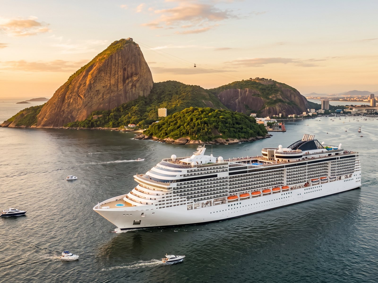 Cruise ship sailing past Sugarloaf Mountain at golden hour as it leaves Guanabara Bay