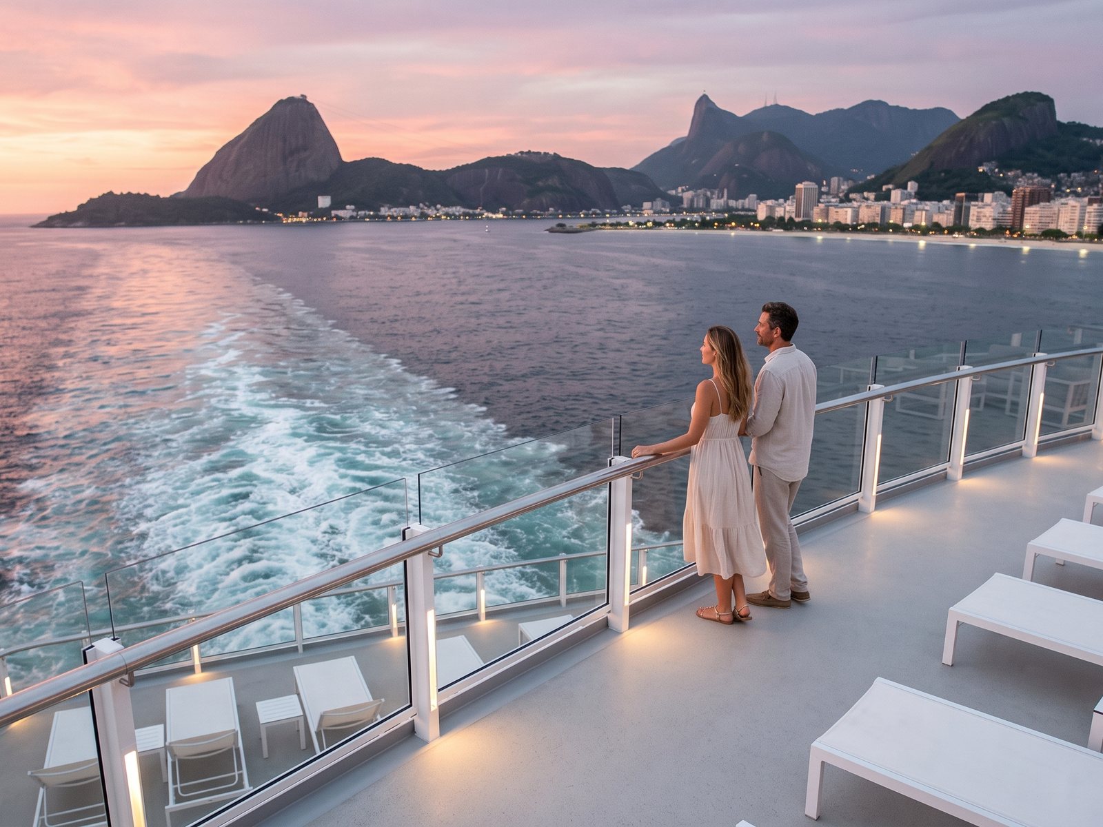 Couple on the top deck of a cruise ship watching Sugarloaf Mountain and Rio at sunset during sail-away