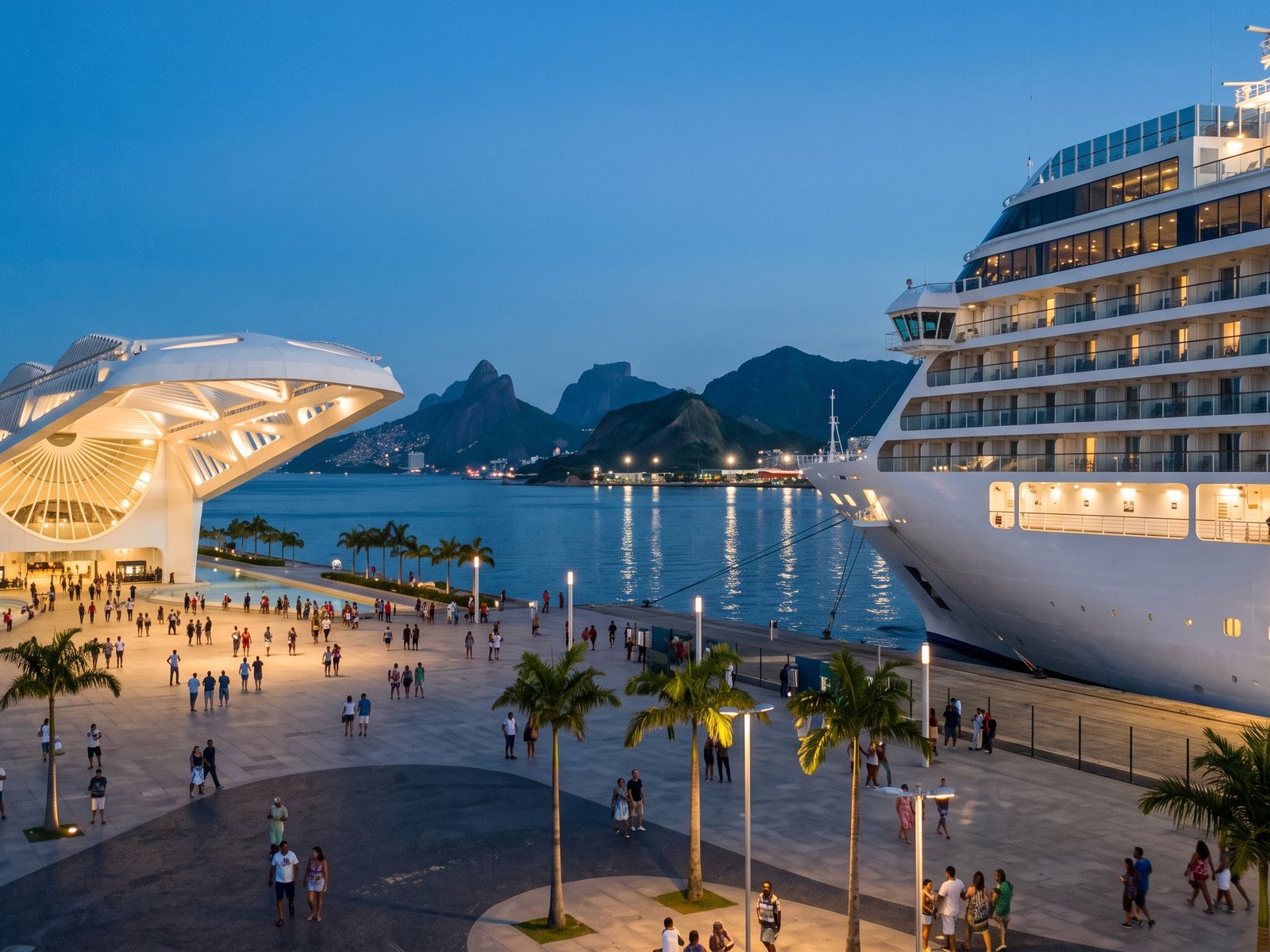 Praça Mauá waterfront at blue hour, with the lit Museum of Tomorrow and a cruise ship at the pier