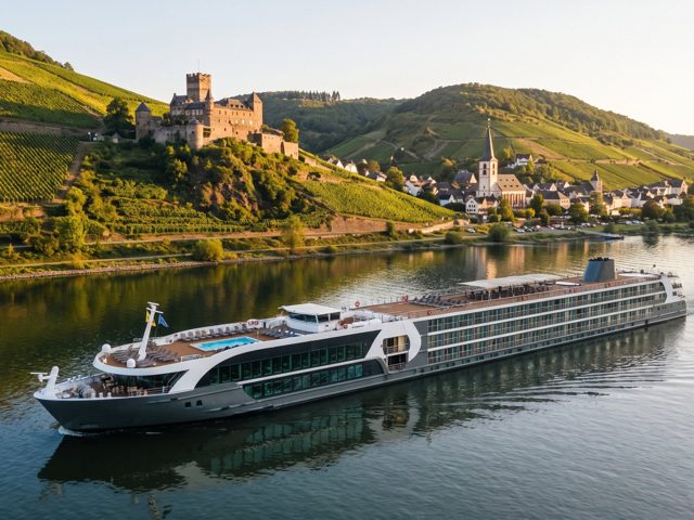 A modern river cruise ship on the Rhine below a castle and terraced vineyards, with a village and church spire on the bank