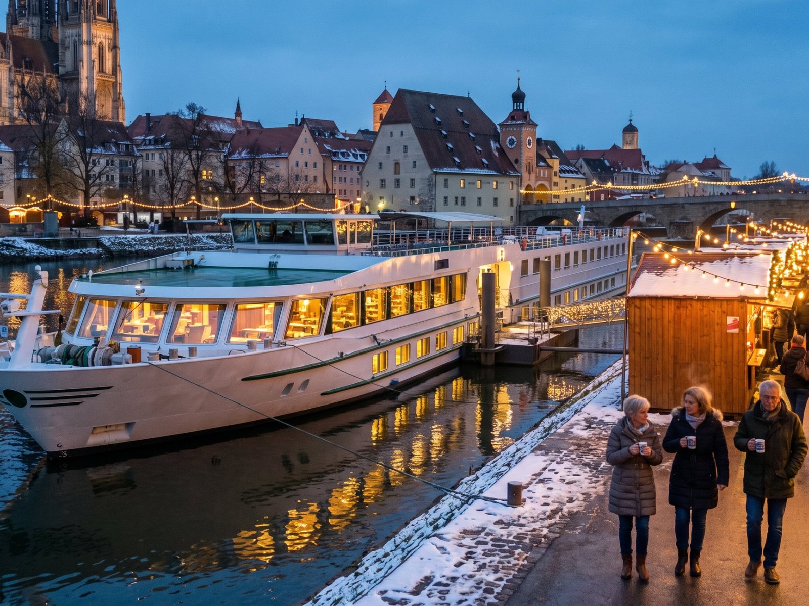 Een rivierschip aangemeerd bij een besneeuwde kerstmarkt in een historische oude stad aan de Donau, bij schemering