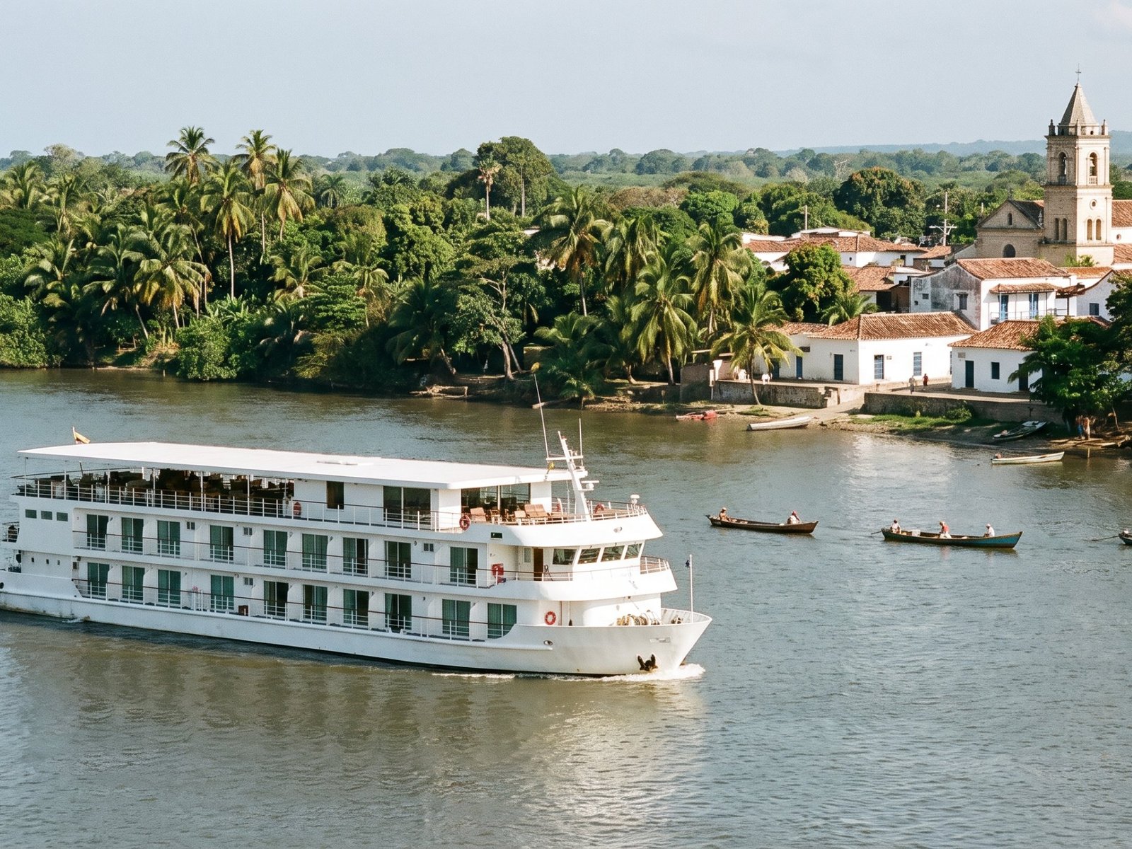 Een wit rivierschip op de Magdalena in Colombia, langs een koloniaal stadje met kerktoren en vissersbootjes