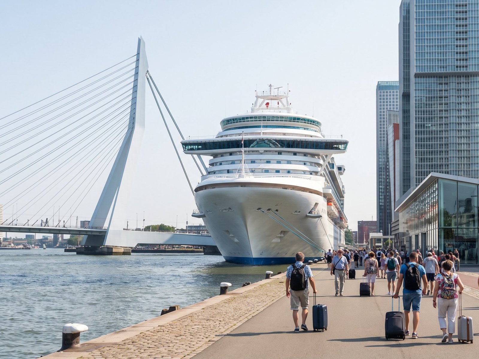 Cruise ship at Cruise Terminal Rotterdam by the Erasmus Bridge, travellers with suitcases