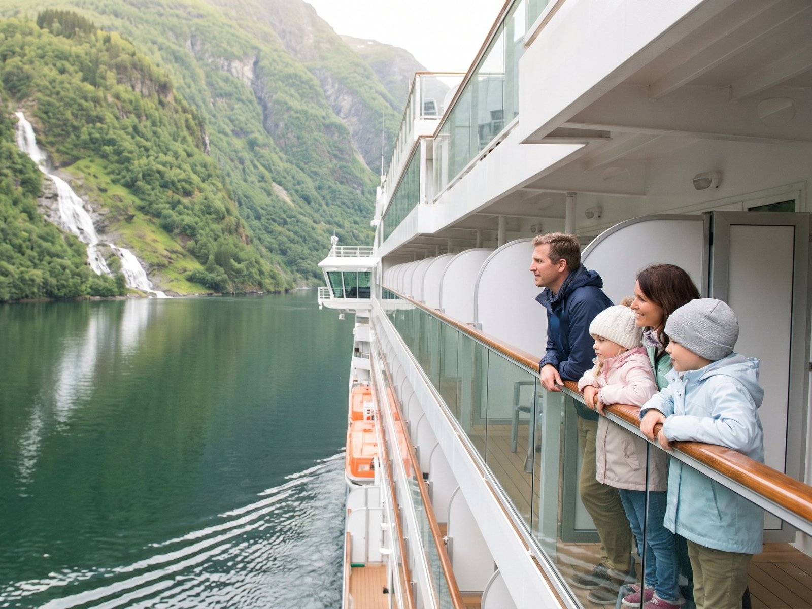 Family on a cabin balcony in a Norwegian fjord, with a waterfall on the cliffs