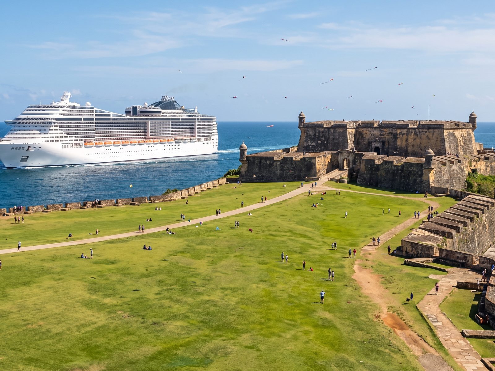 El Morro fortress and its green lawn in San Juan, with a cruise ship sailing past the entrance to the bay