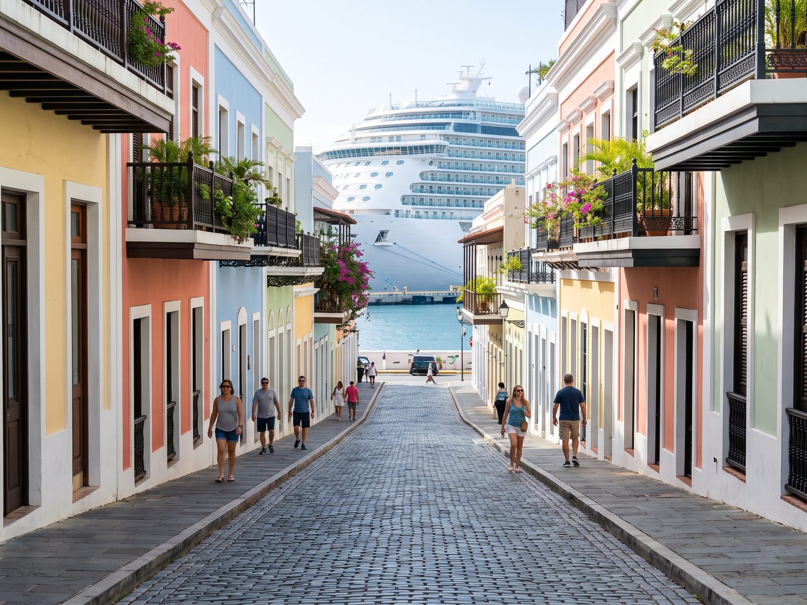 Blue cobblestone street with pastel colonial houses in Old San Juan, with a cruise ship at the pier below