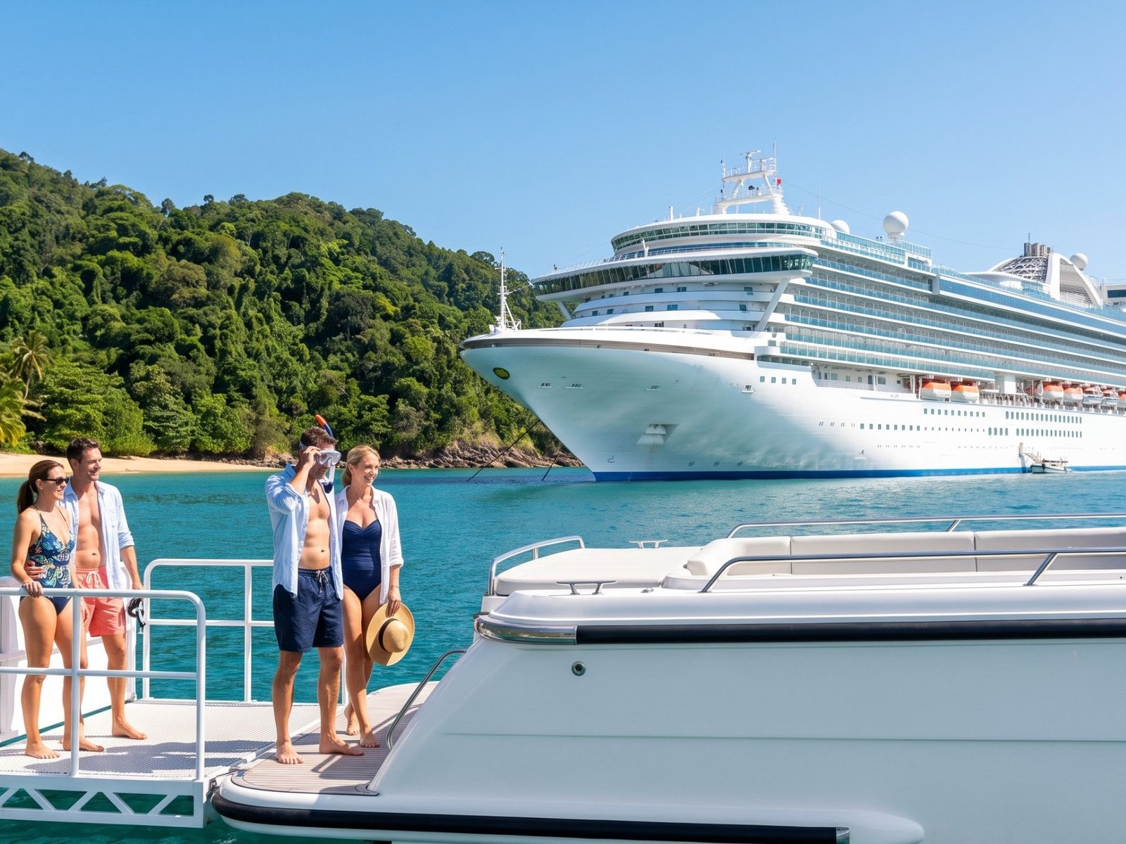 Guests on a tender boat ready to go ashore at a tropical island beach, cruise ship anchored in the turquoise bay