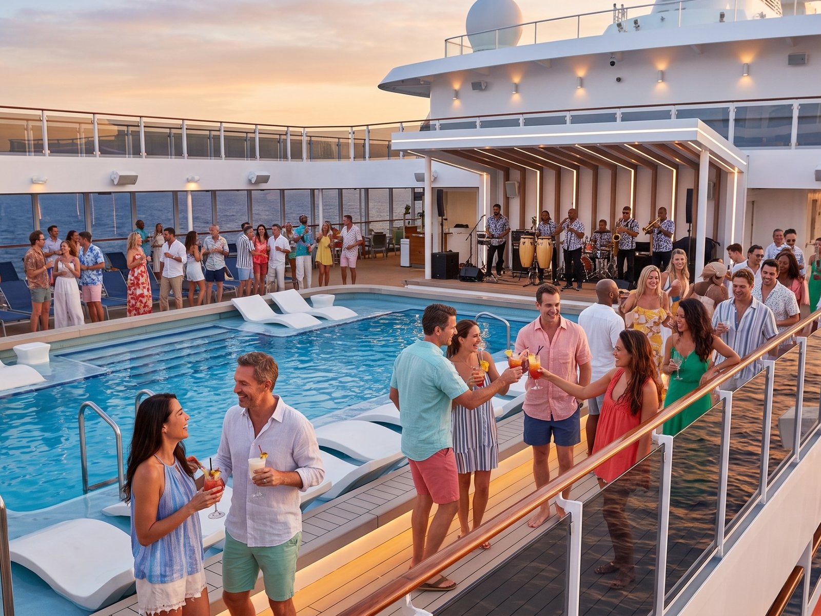 Sunset pool-deck party with a live band on a cruise ship off the Brazilian coast