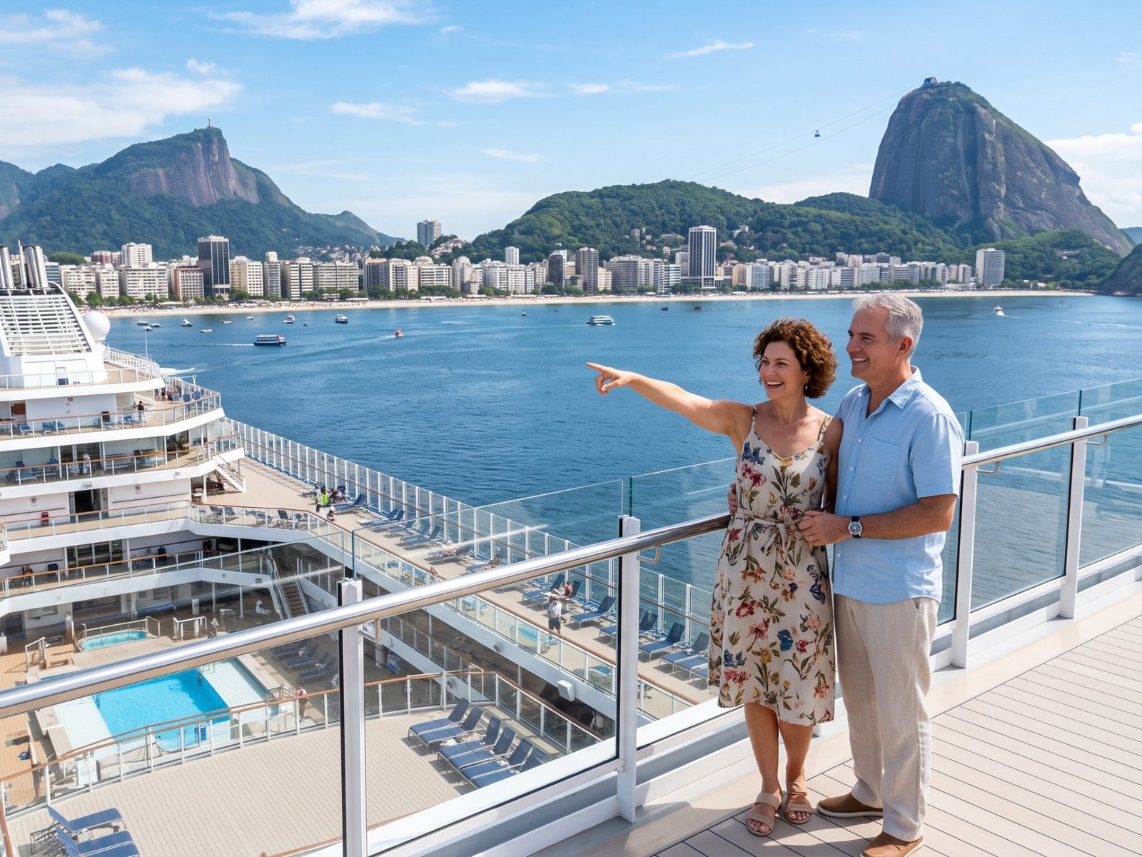 Couple on the top deck of a cruise ship in the bay of Rio de Janeiro, pointing at Sugarloaf Mountain