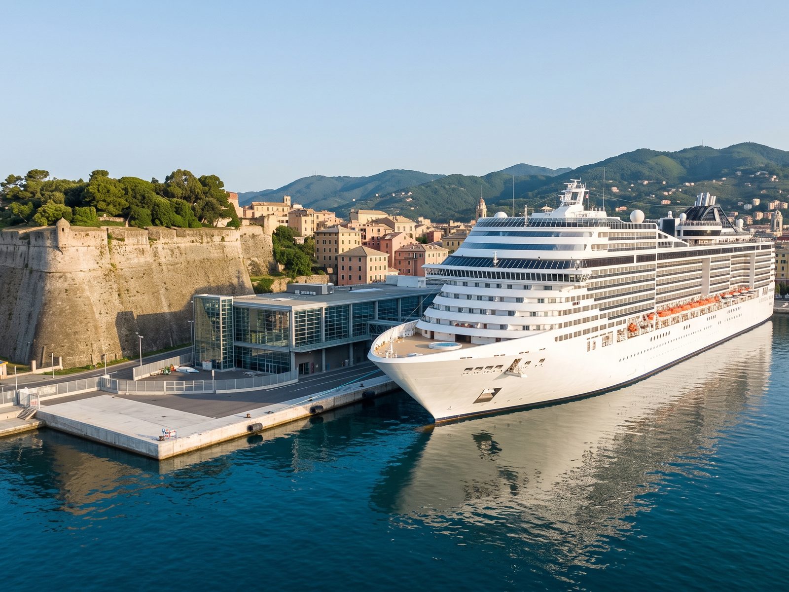 Groot modern cruiseschip aan de terminal Palacrociere in Savona, naast de stenen muren van het fort Priamar