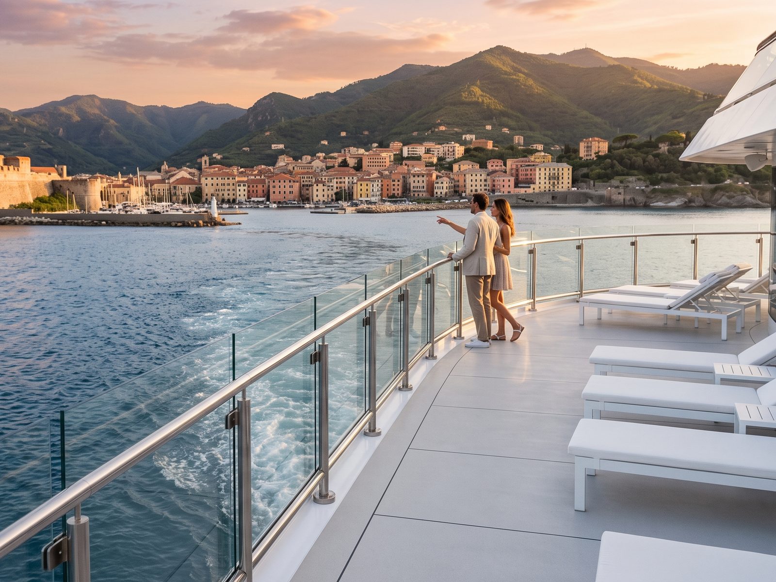 Stel op het bovendek van een cruiseschip dat bij zonsondergang uit Savona vertrekt langs de Ligurische Rivièra