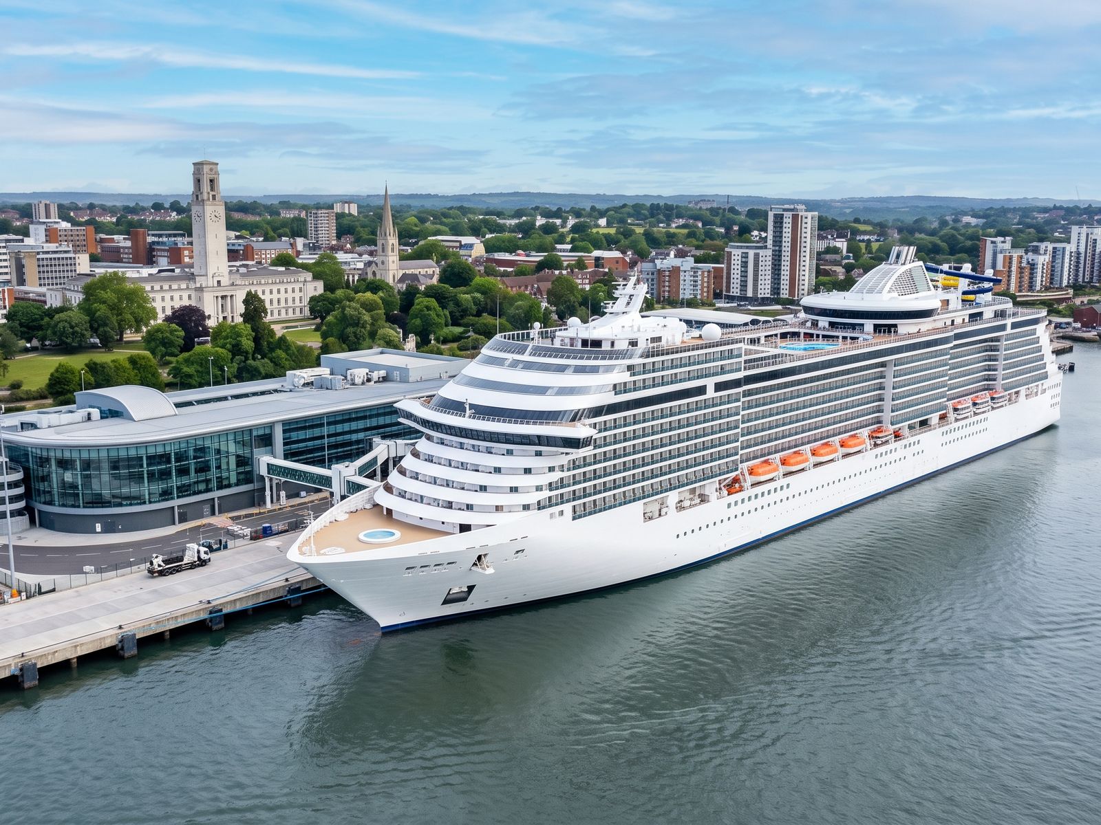 Cruiseschip aan een moderne terminal in Southampton, met de stad en de klokkentoren erachter
