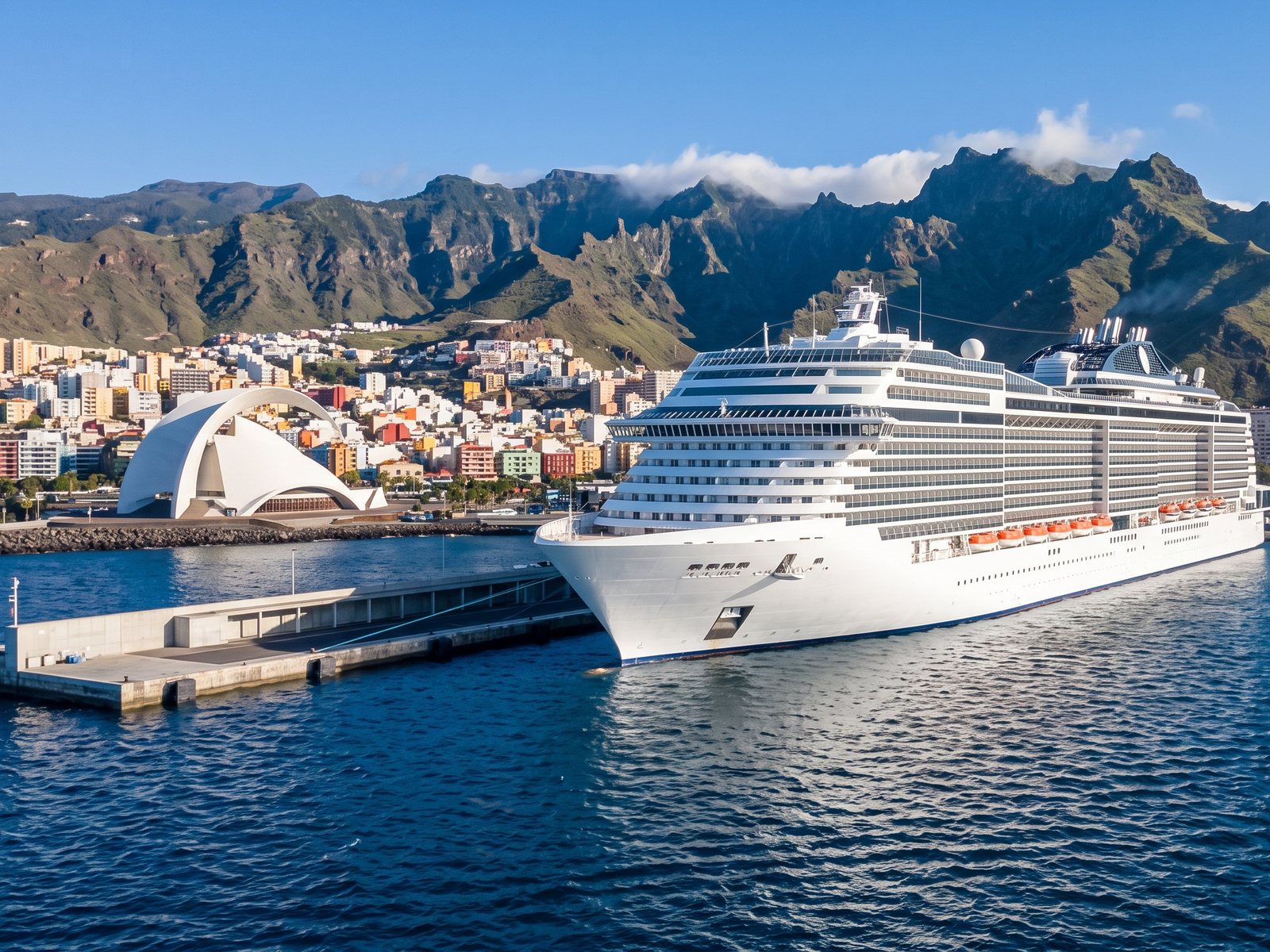 Groot modern cruiseschip aan de kade in Santa Cruz de Tenerife, met het Auditorio en het Anaga-gebergte erachter