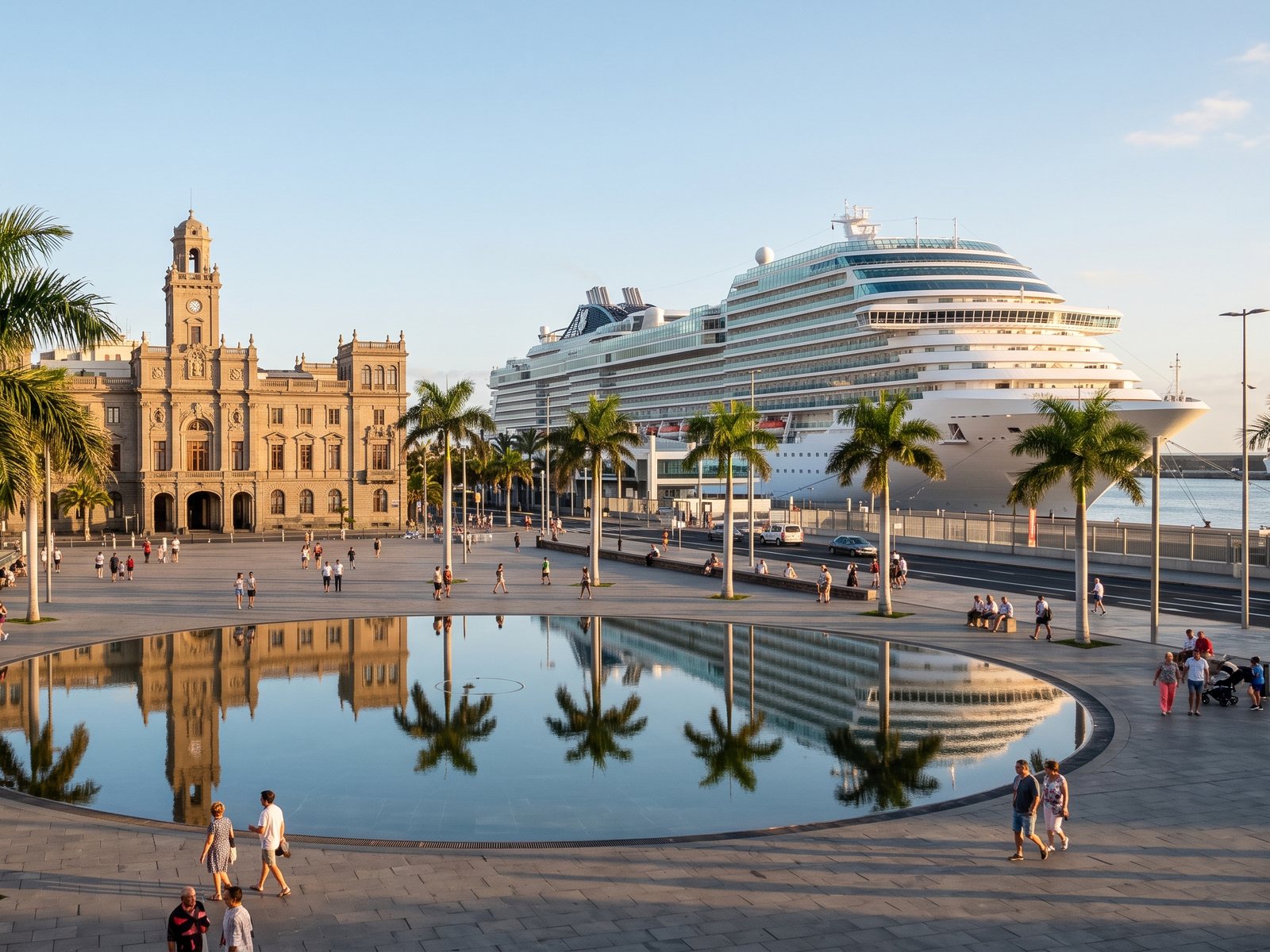 De Plaza de España in Santa Cruz de Tenerife met de vijver en palmen, met daarachter een cruiseschip aan de kade