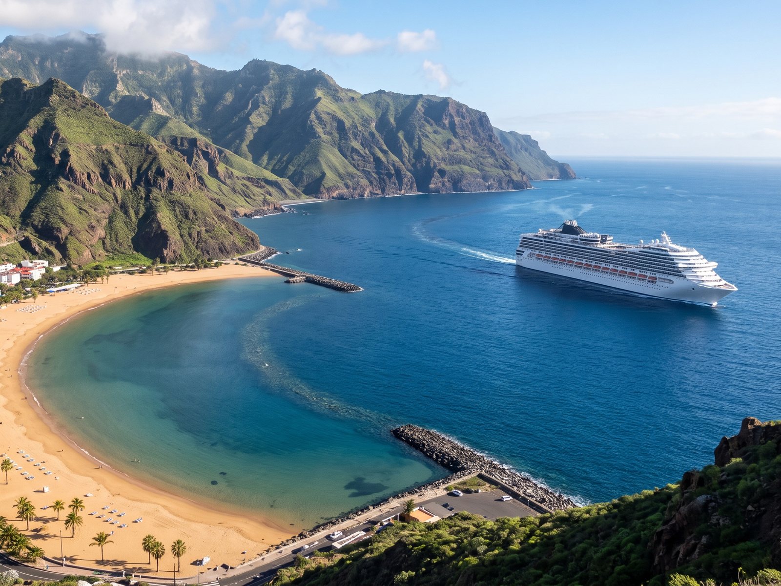 Het strand van Las Teresitas met palmen en het Anaga-gebergte, met een cruiseschip op zee
