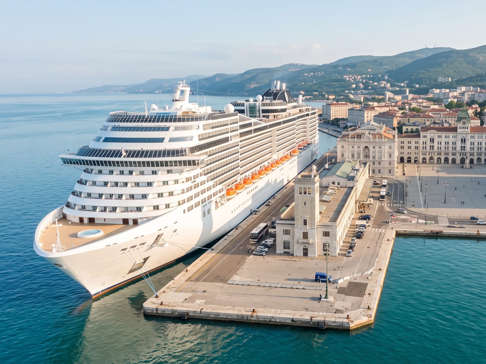 Groot modern cruiseschip aan de Stazione Marittima in Triëst, naast de Piazza Unità d'Italia met haar paleizen aan zee