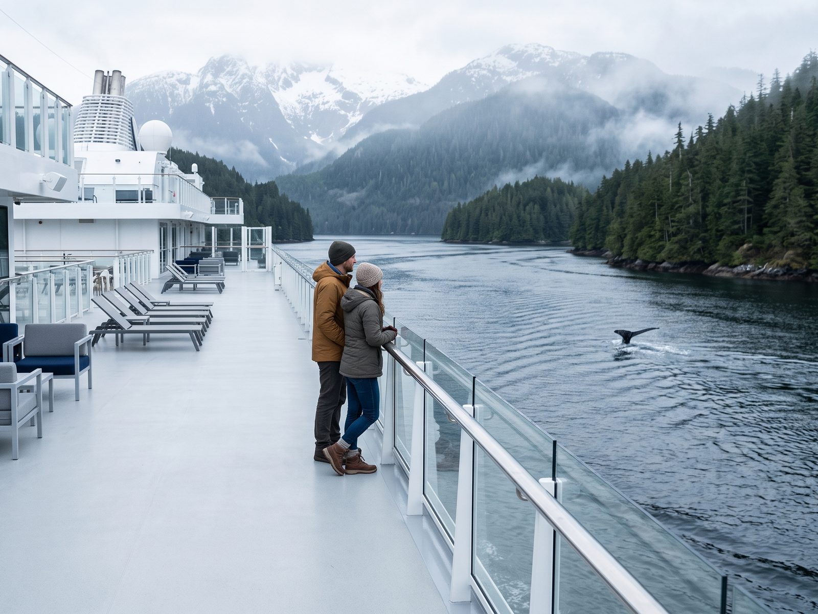 Stel op het bovendek van een cruiseschip in de Inside Passage, met beboste eilanden, besneeuwde bergen en een walvis