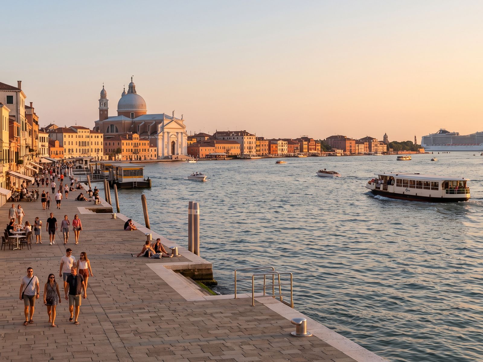 The Zattere promenade in Venice at golden hour with a water bus and the Redentore church across the canal