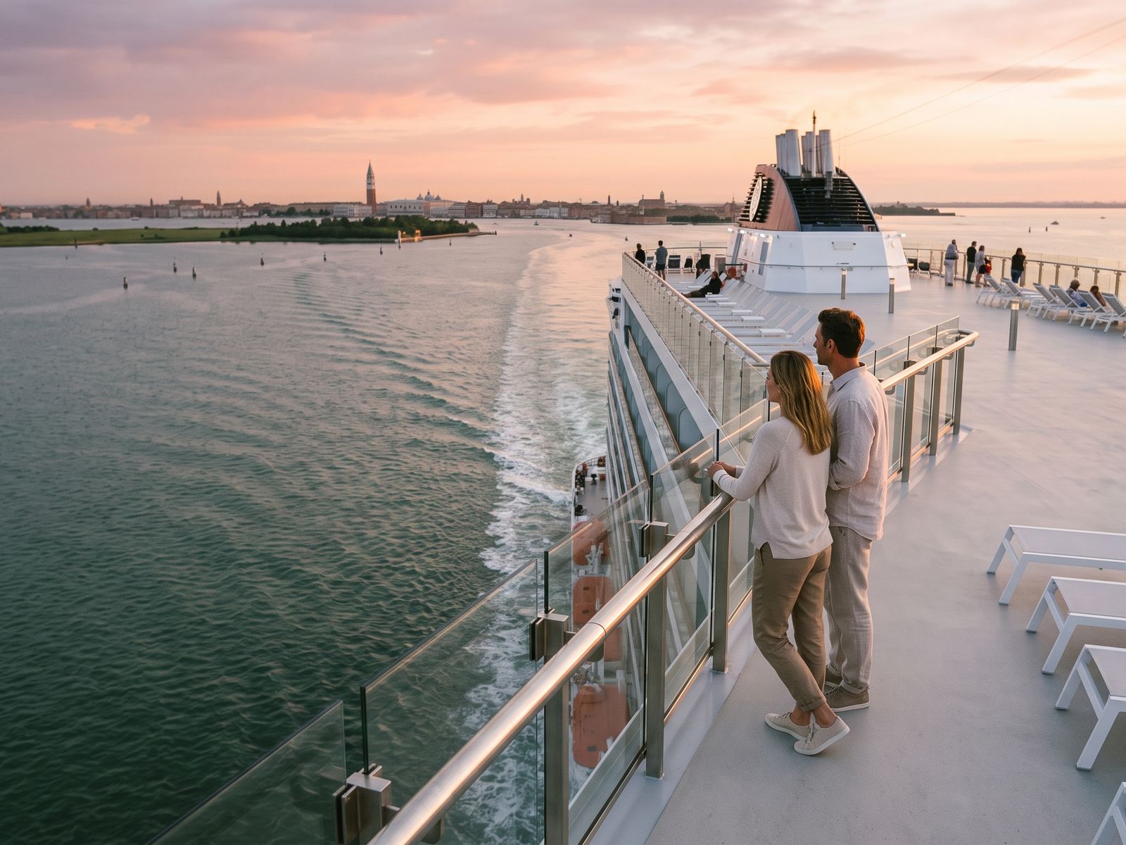 Couple on the top deck at sail-away, looking back at the Venice skyline across the lagoon