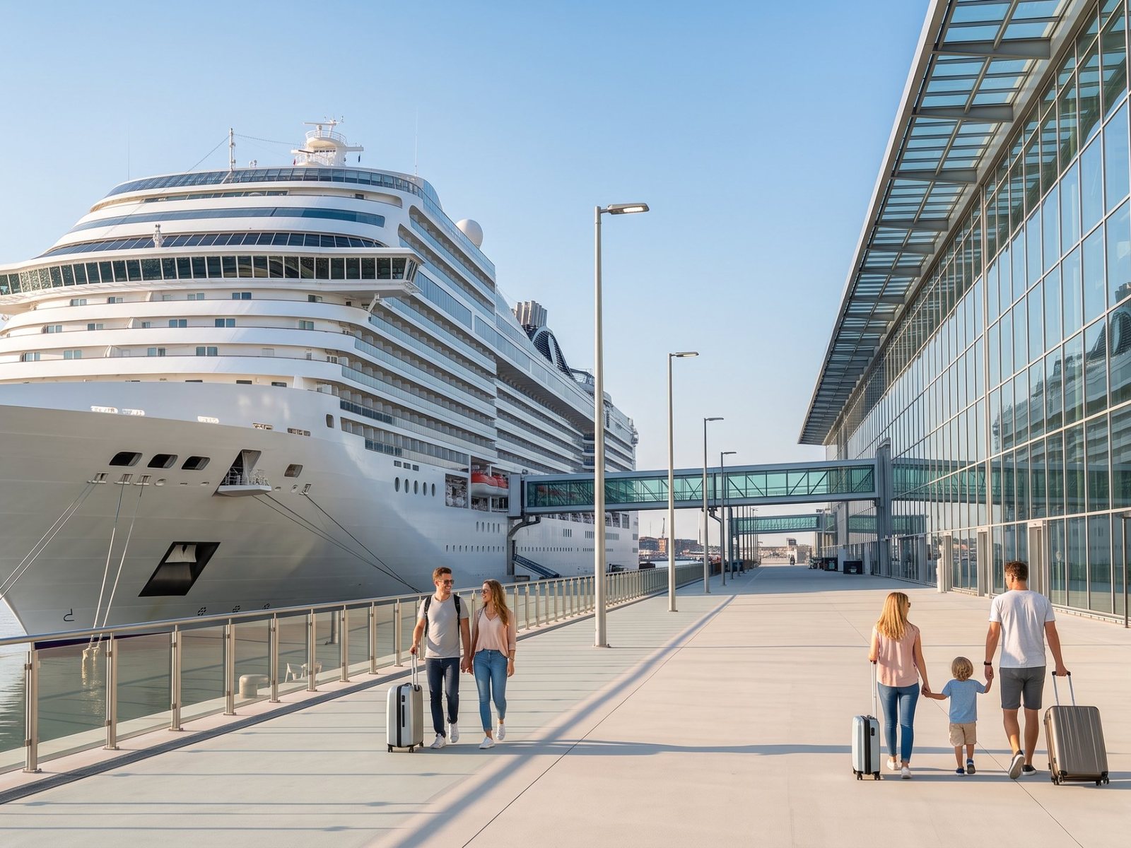 Viajeros con maletas caminan hacia una terminal de cruceros moderna donde está atracado un gran barco, en una mañana soleada