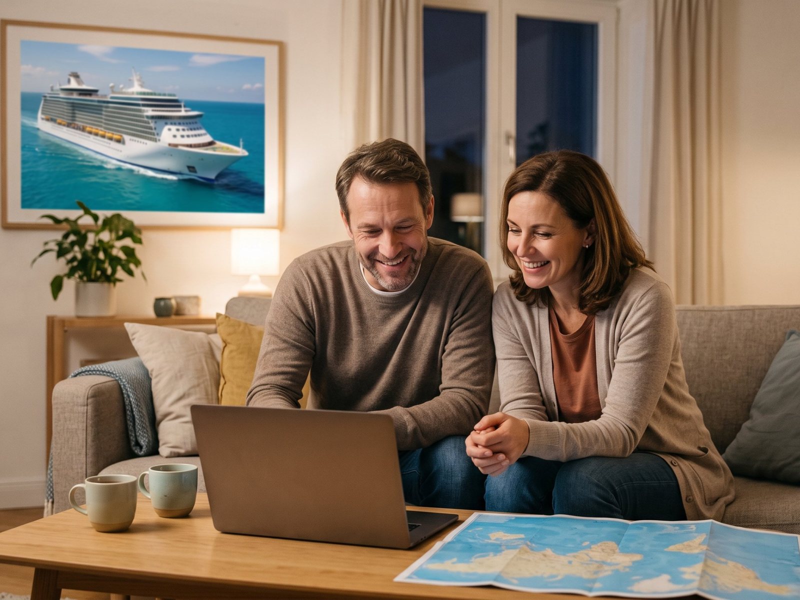 Una pareja planea un crucero en casa con una laptop y un mapa del mar, con la foto de un barco en la pared