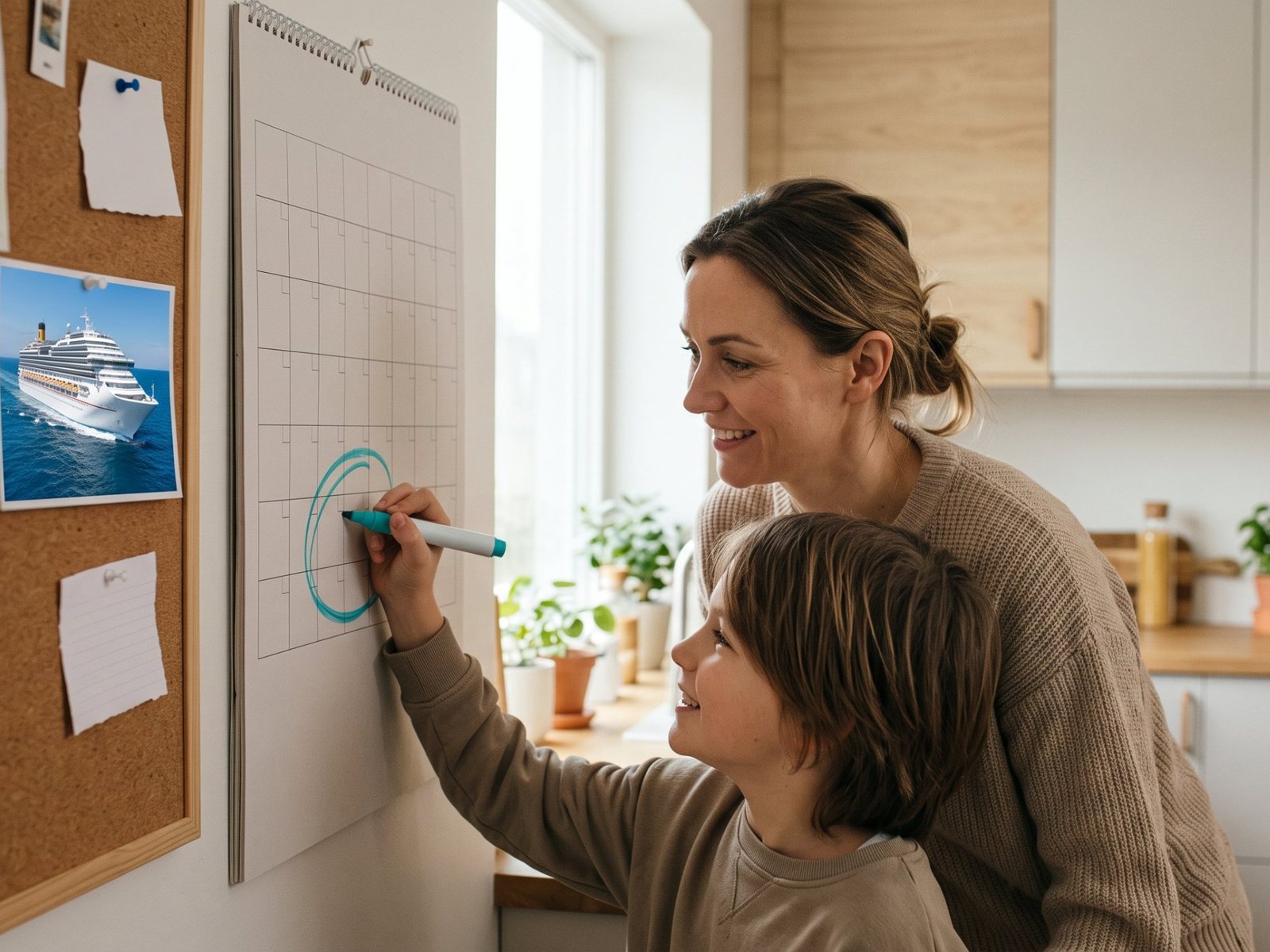 Una madre y su hijo marcan las semanas de vacaciones en un calendario de pared junto a la foto de un crucero