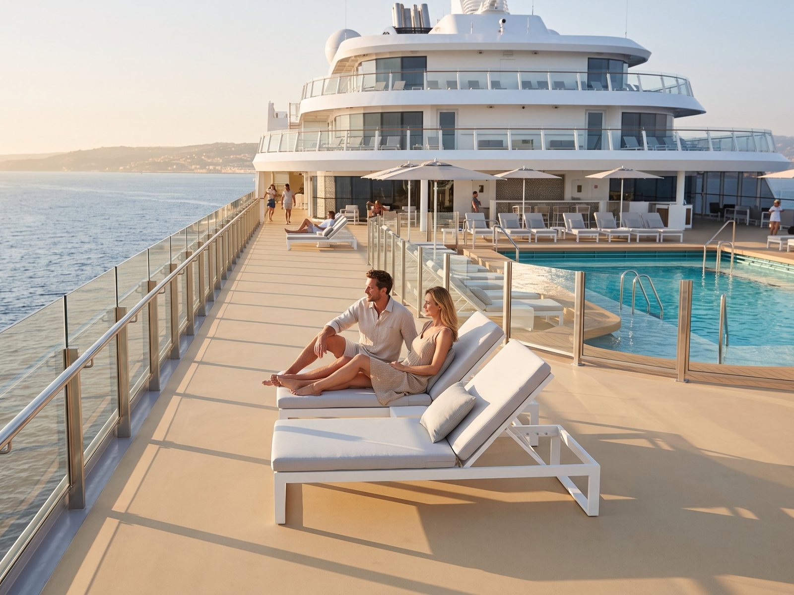 Una pareja descansa en camastros en la cubierta superior de un crucero, mirando el mar en calma
