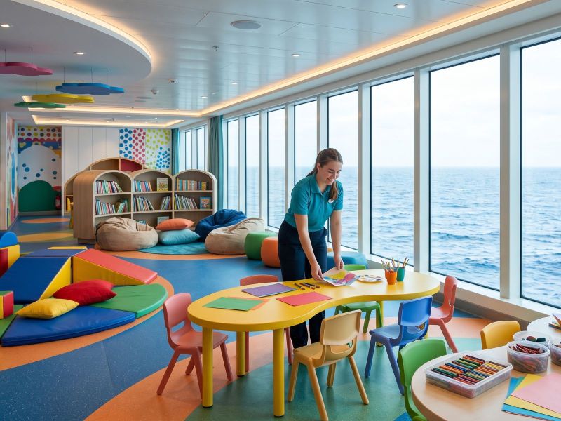 A bright kids' club on board with craft tables and soft play, a staff member setting out painting materials