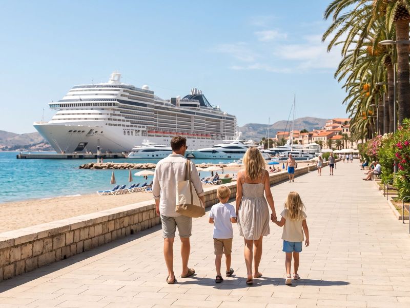 A family of four walking along a sunny beach promenade in a port, with the cruise ship moored in the harbour
