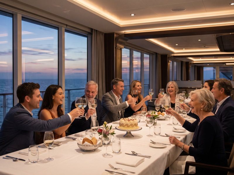 A family group raising their glasses to a smiling woman at a celebration dinner in a cruise ship restaurant, with a cake on the table