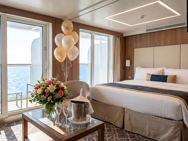 A cabin decorated for an anniversary: balloons, a bouquet of flowers and sparkling wine on ice, with a sea view