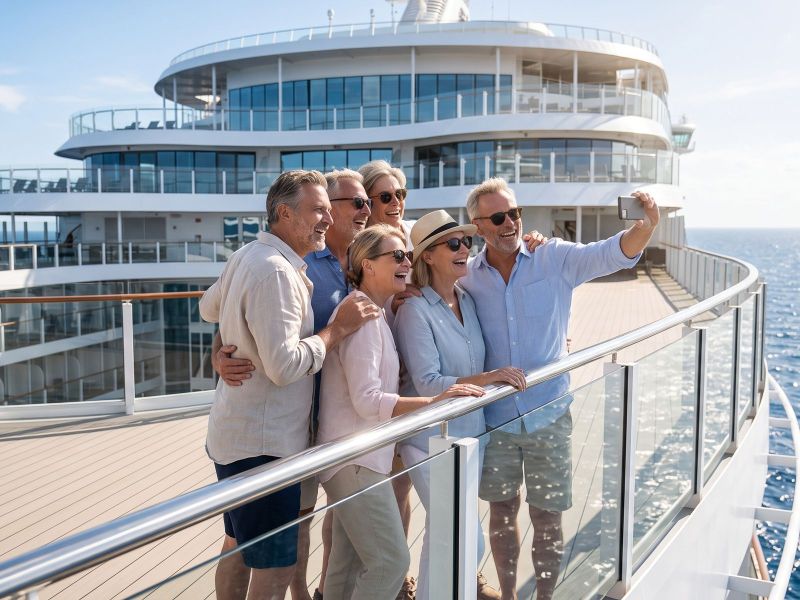 A group of friends in their fifties and sixties taking a cheerful selfie at the railing on the open deck