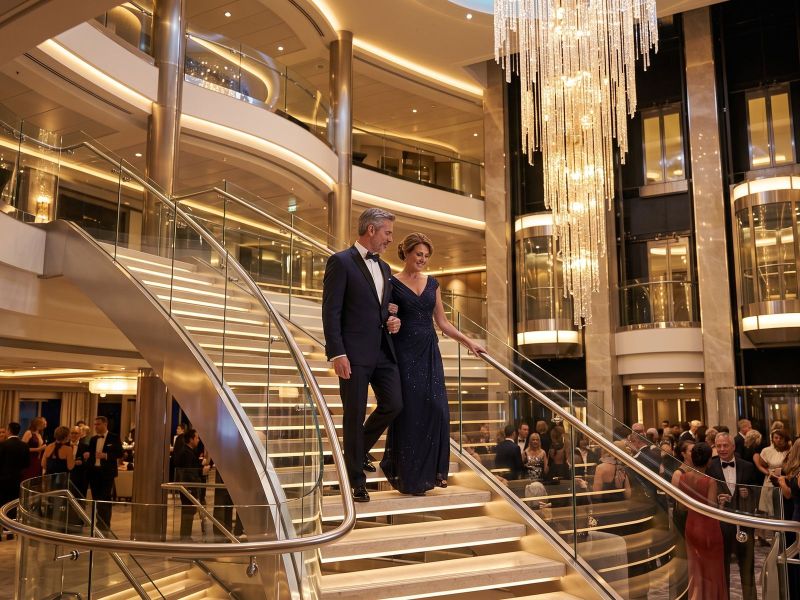 A couple in evening wear walking down the grand staircase of the ship's atrium on a formal night