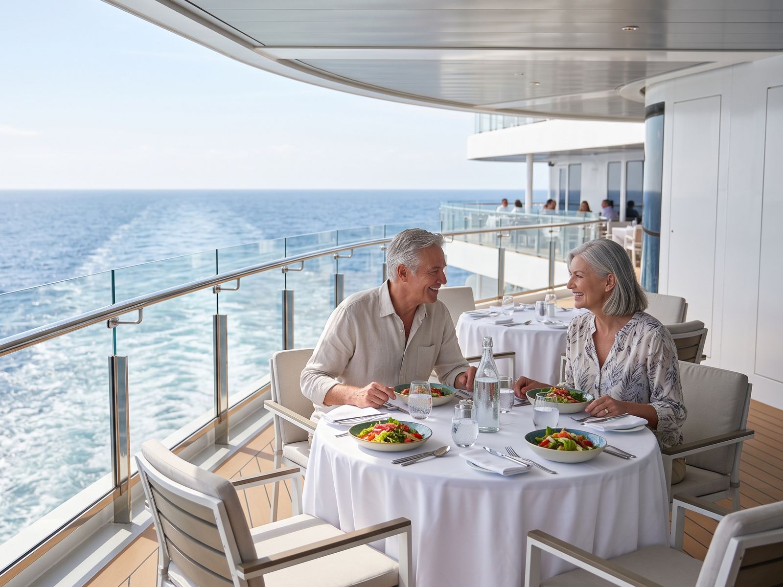 Una pareja mayor almuerza en una terraza a la sombra en la popa de un crucero, con la estela del barco sobre el mar azul