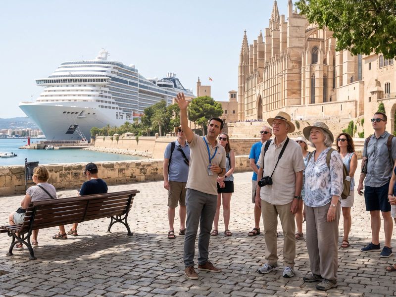 Een ouder stel op een kleine wandeltour met gids bij de kathedraal van een havenstad, met het cruiseschip in de haven