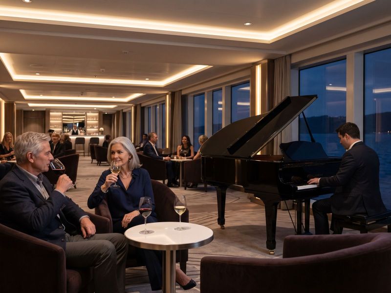 Een ouder stel met een glas wijn luistert 's avonds naar een pianist in een elegante lounge aan boord