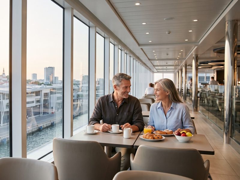 Een stel ontbijt vroeg bij een groot raam, met buiten de haven en de stad in het ochtendlicht
