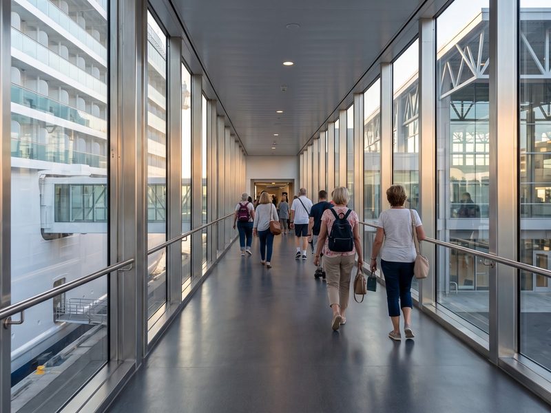 Gasten met kleine tassen lopen over een overdekte glazen loopbrug van een modern cruiseschip naar de terminal