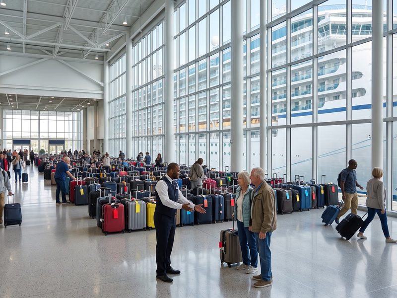 Reizigers vinden hun koffers tussen rijen bagage in de lichte hal van een moderne cruiseterminal