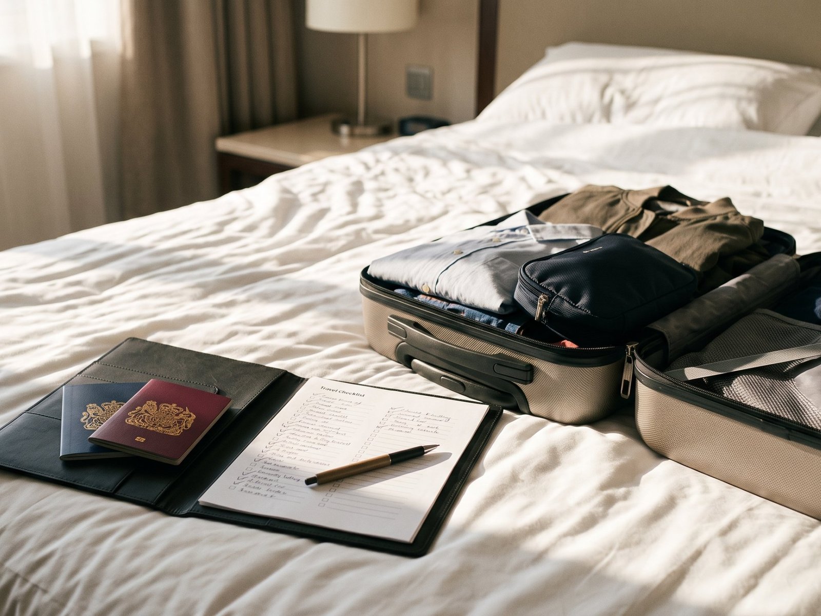 A travel document folder with passports and a checklist next to a half-packed suitcase on a bed