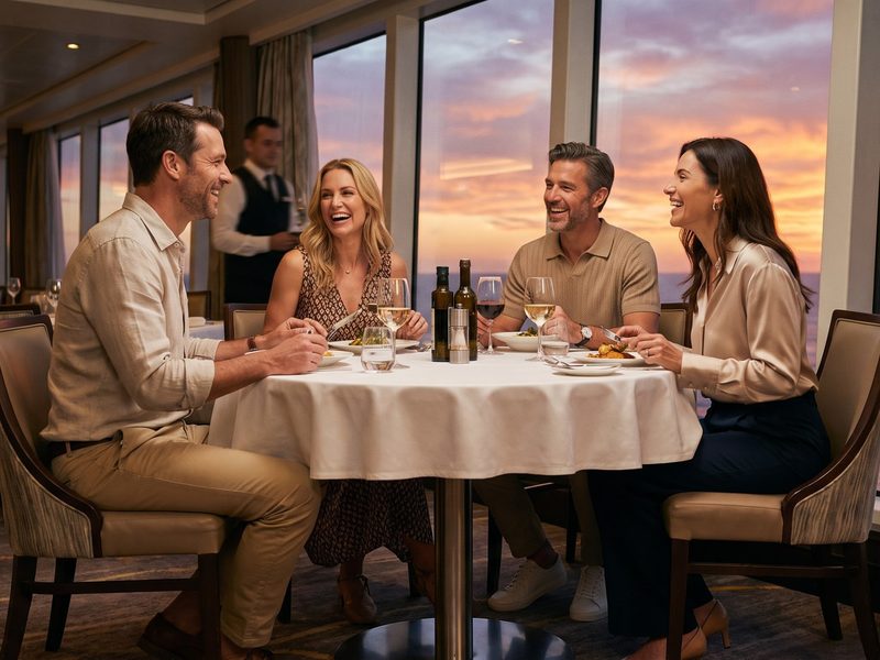 Friends in smart casual clothes having dinner at a table in a cruise ship's main restaurant