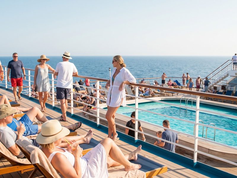 Guests in shorts, sundresses and sun hats relax on a sunny pool deck during a sea day