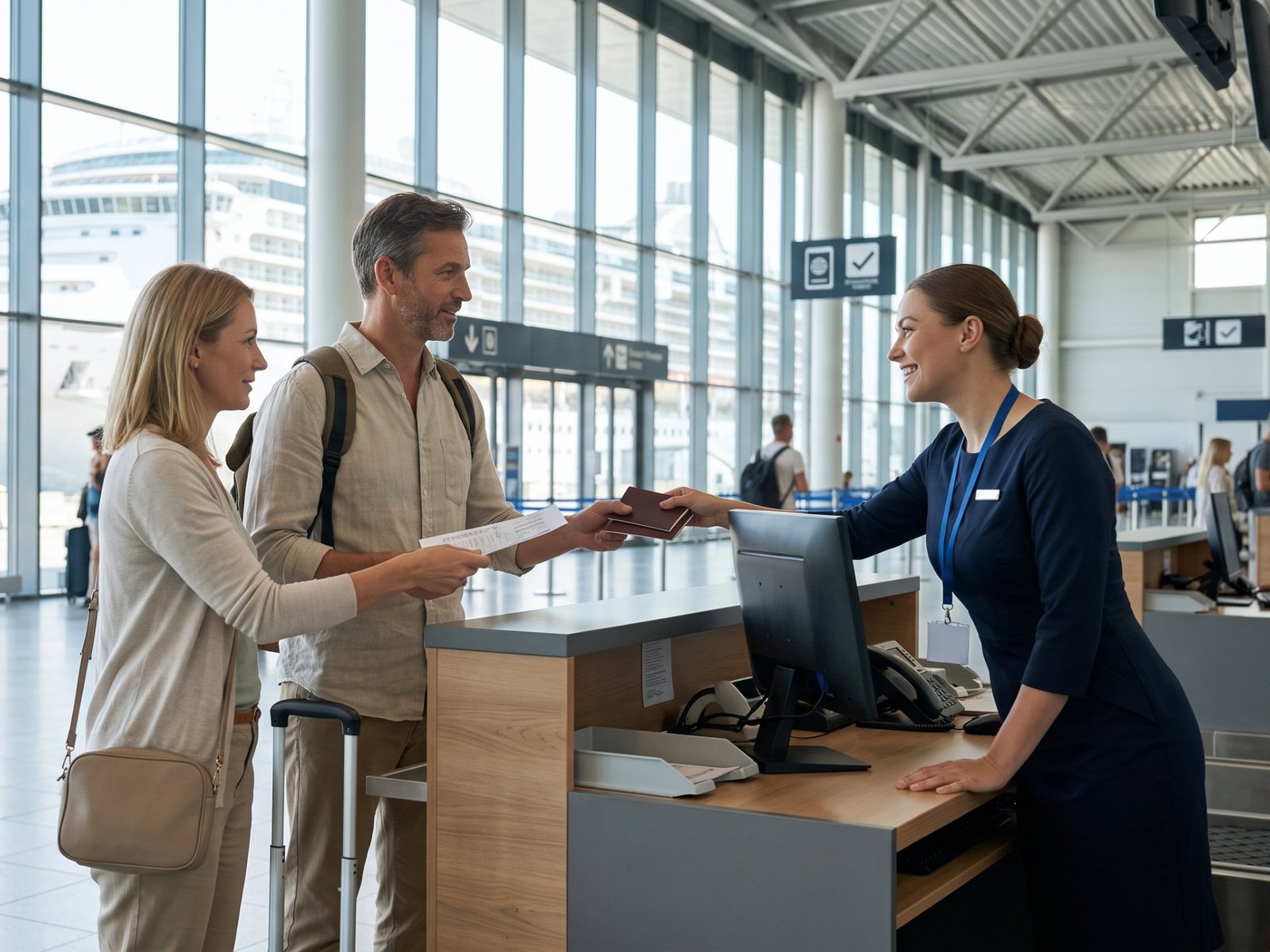 Una pareja entrega pasaportes y documentos en el mostrador de check-in de una terminal de cruceros, con el barco tras los ventanales