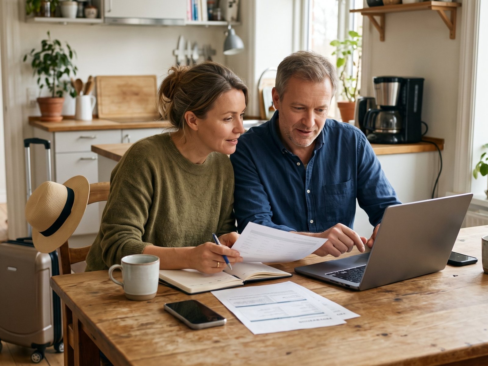 Een stel aan de keukentafel bekijkt reispapieren op een laptop, met een koffer en een zonnehoed ernaast