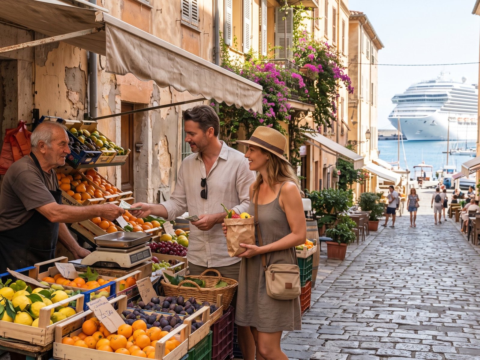 Una pareja paga en efectivo en un puesto de frutas de un pueblo portuario mediterráneo, con un crucero al final de la calle