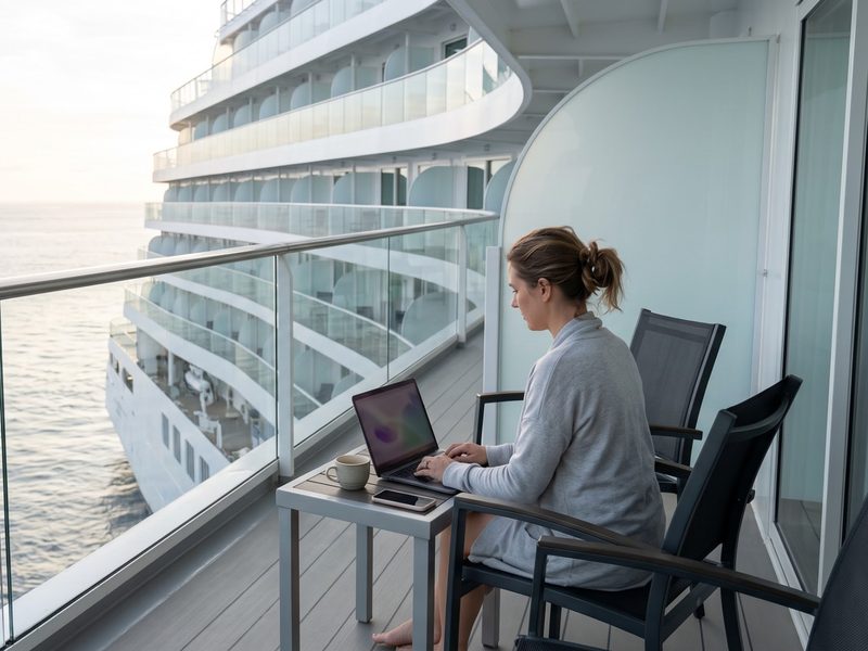 Een vrouw werkt op een laptop aan een tafeltje op het balkon van haar hut, met de open zee erachter