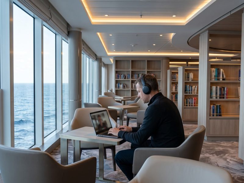 Een man met koptelefoon in een videogesprek in een rustige bibliotheeklounge aan boord, met de zee achter de ramen